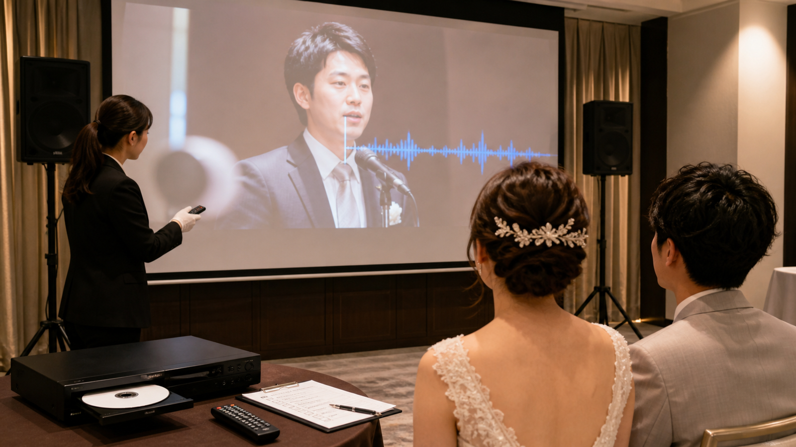 式場で結婚式DVDの音ズレと映像ズレを確認する様子