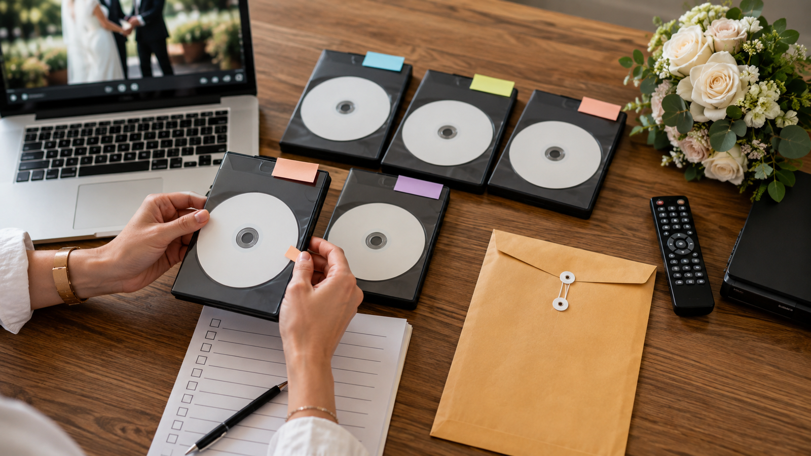 結婚式DVDの会場用、予備、両親用、保存用の枚数を整理している様子