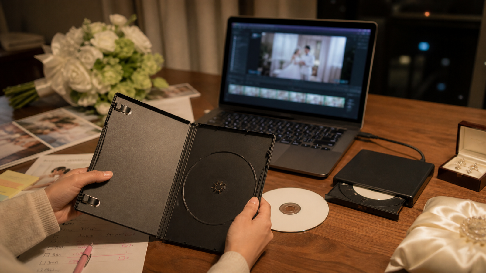 結婚式前日に空のDVDケースと完成MP4を確認している様子