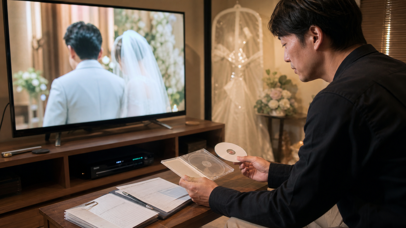 結婚式用DVDをテレビとDVDプレイヤーで最終確認している様子