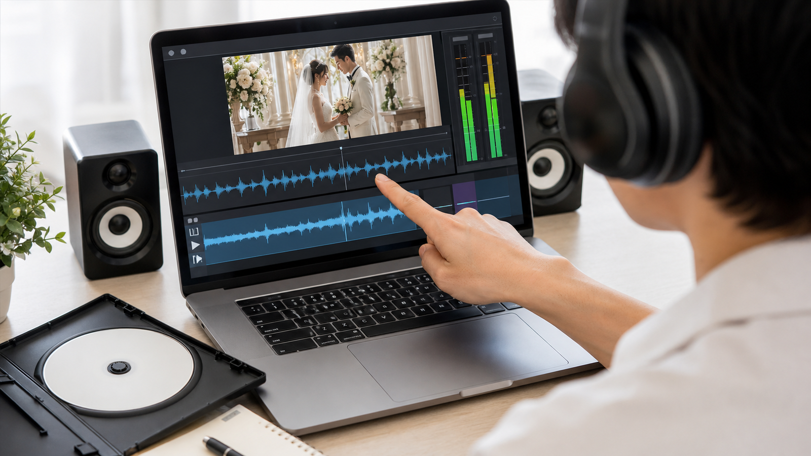 結婚式ムービーの音声トラックと波形を確認する編集画面