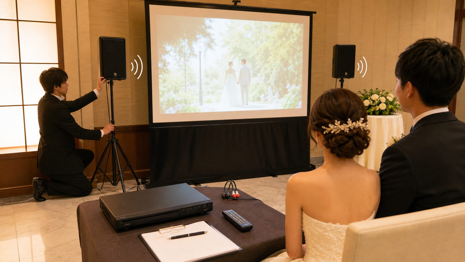 式場で結婚式DVDの音声とスピーカー再生を確認する様子