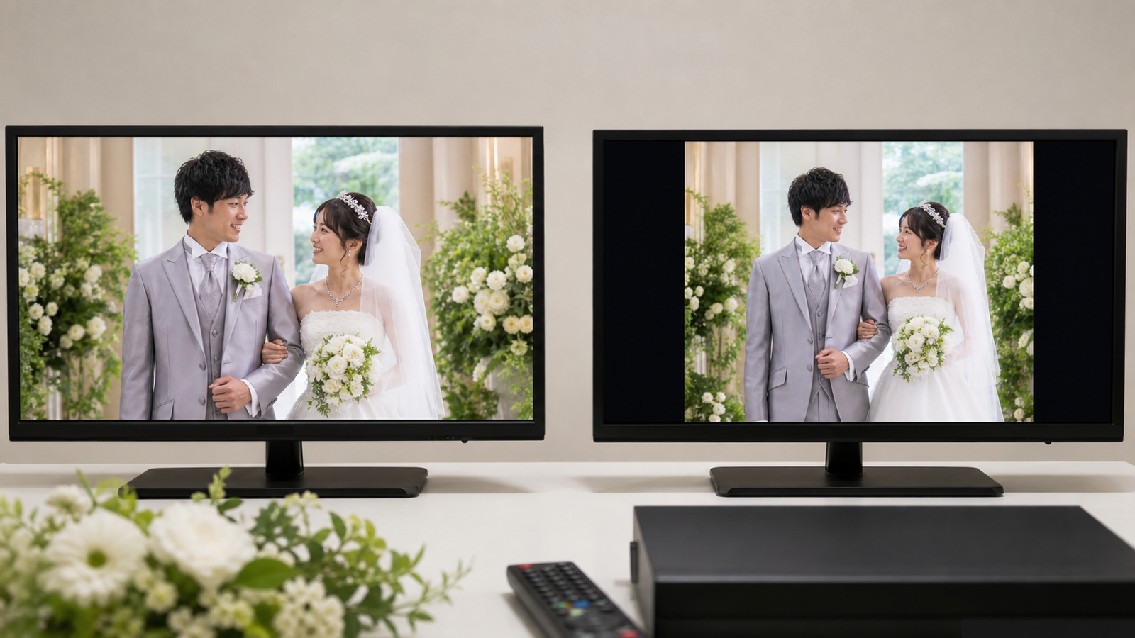 結婚式DVDで16対9と4対3の表示違いにより黒帯が出る例