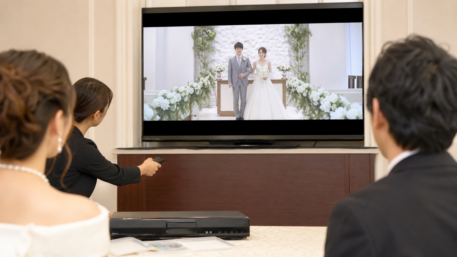 式場で結婚式DVDのテレビ表示と黒帯を確認する様子