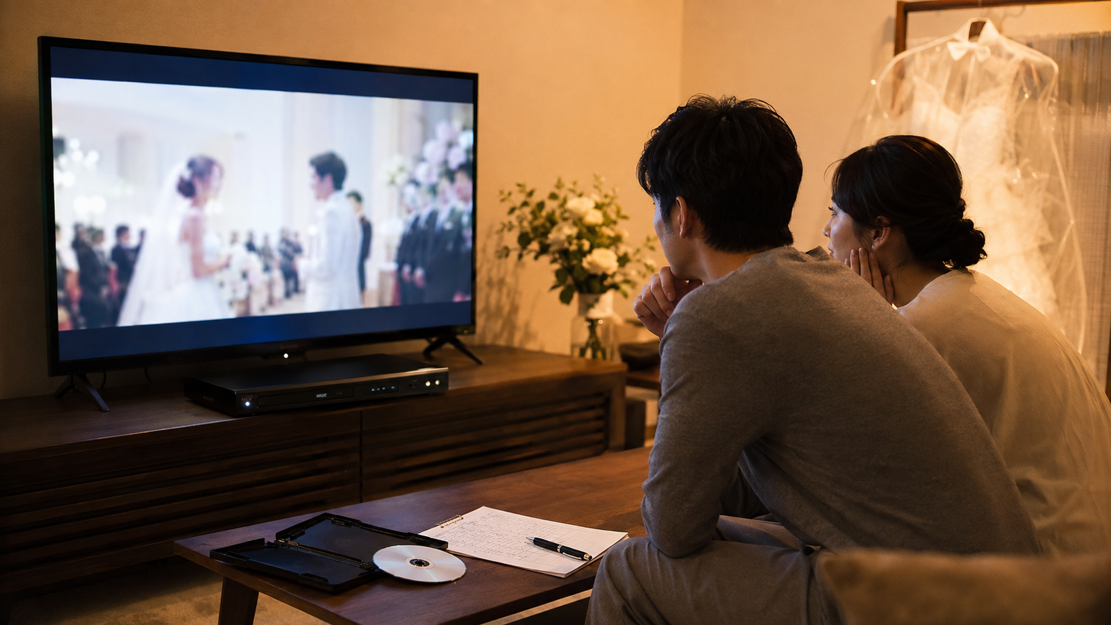 結婚式3日前に作成したDVDをテレビとDVDプレイヤーで確認している様子