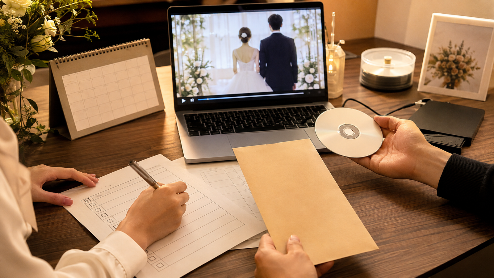 結婚式まであと3日でDVD作成を業者に頼むか自分で作るか相談している様子